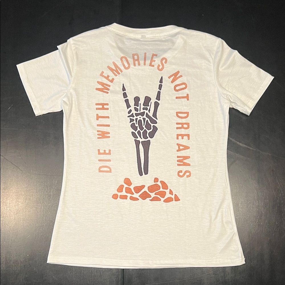 Source Unknown White Tee with Skeleton and Text Graphic
